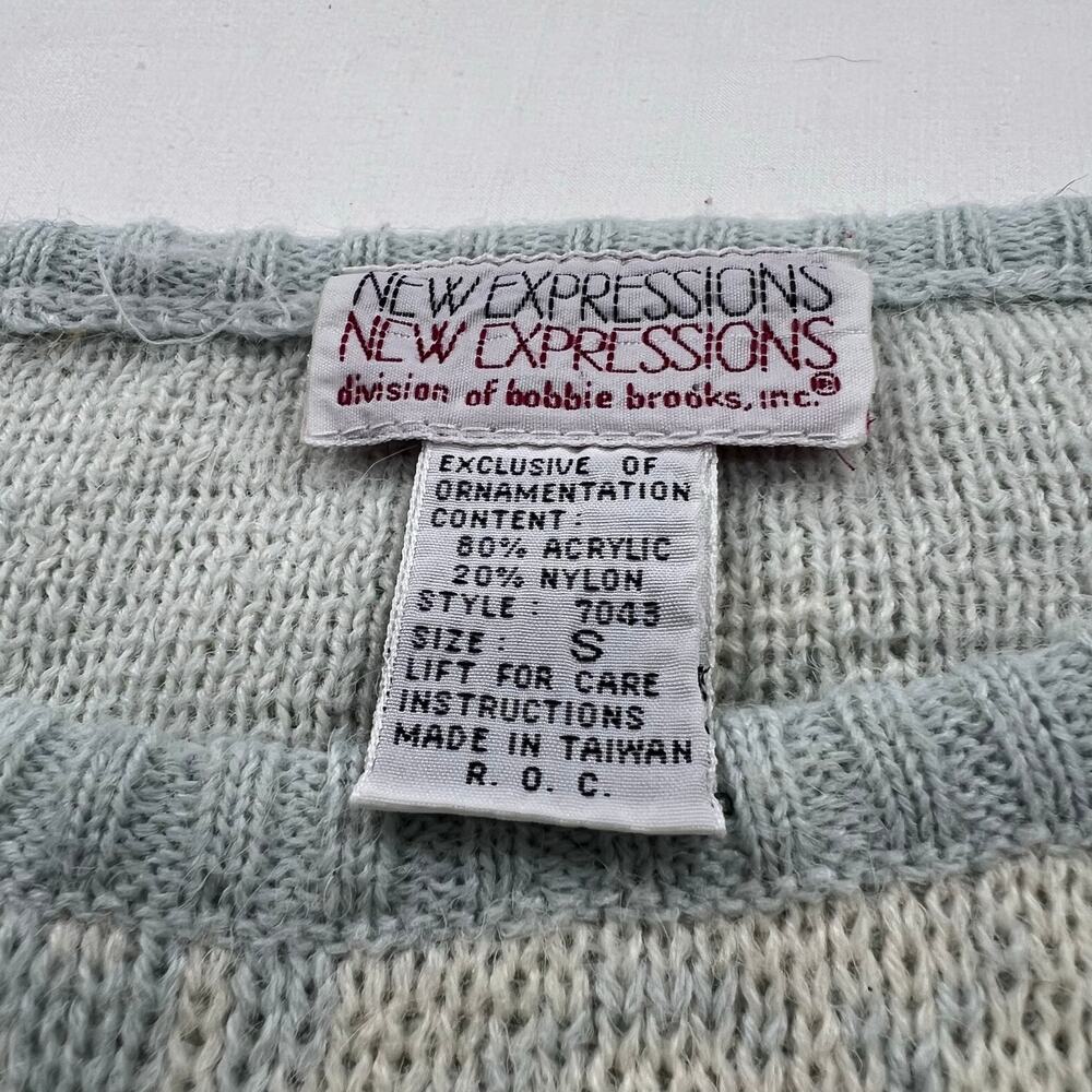 New Expressions Vintage Blue Floral Acrylic Knit Sweater women's size Small - Picture 2 of 4